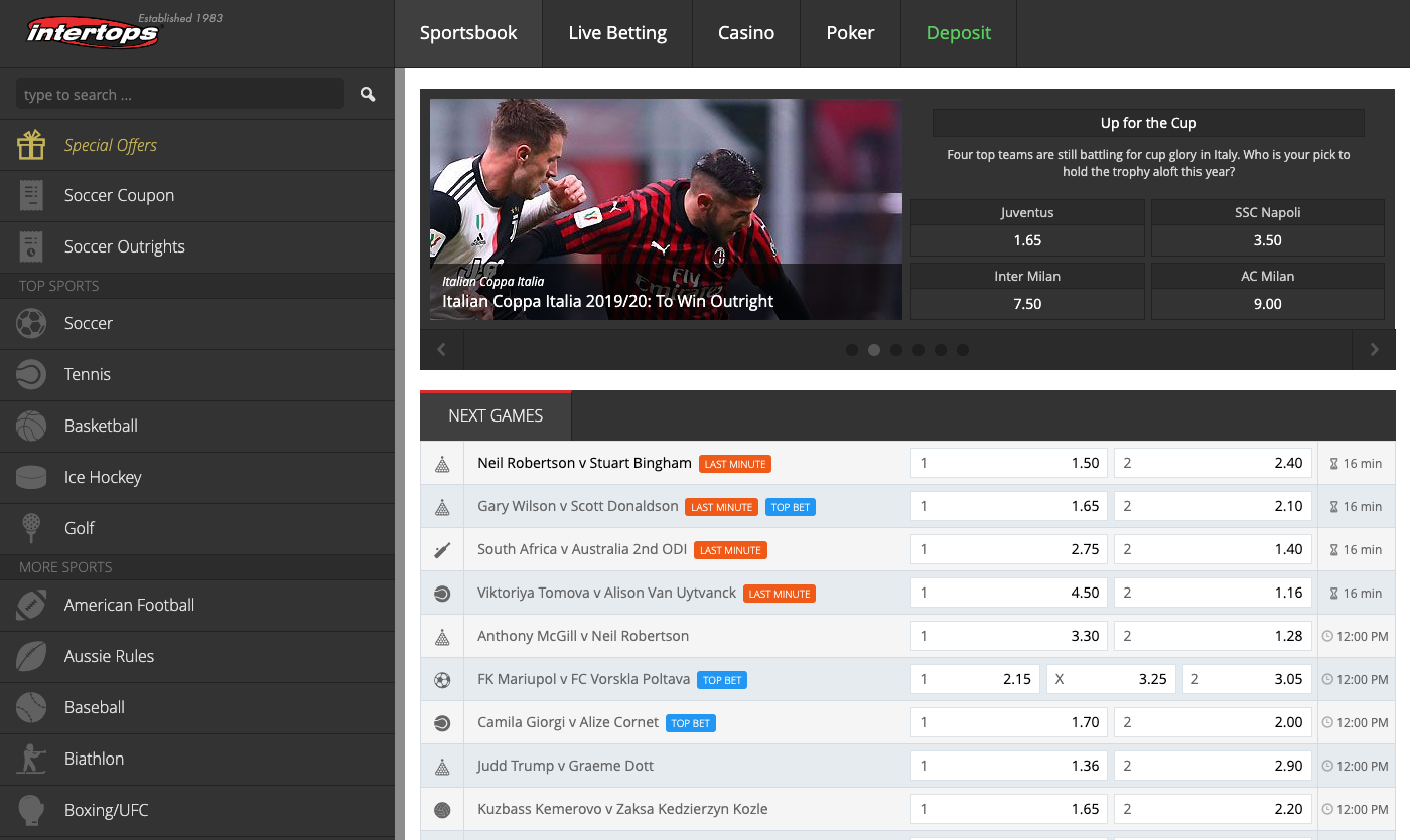 Intertops odds and markets